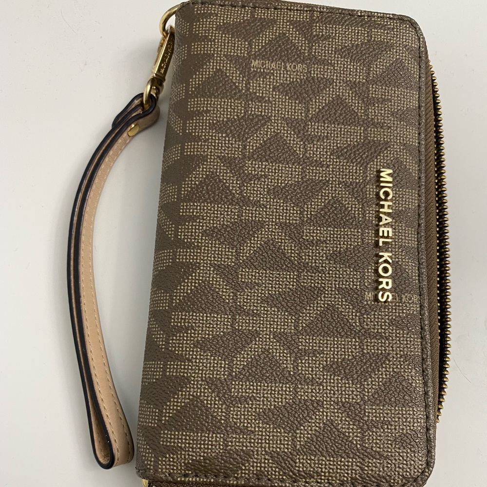 Brown MK Michael Kors monogram wristlet